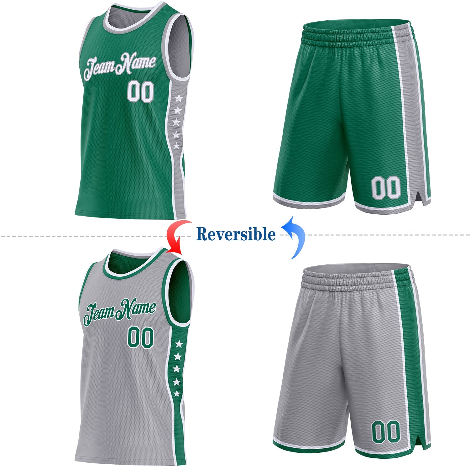 Custom Reversible Kelly Green White-Gray Double Side Star Sublimation Basketball Set Jersey