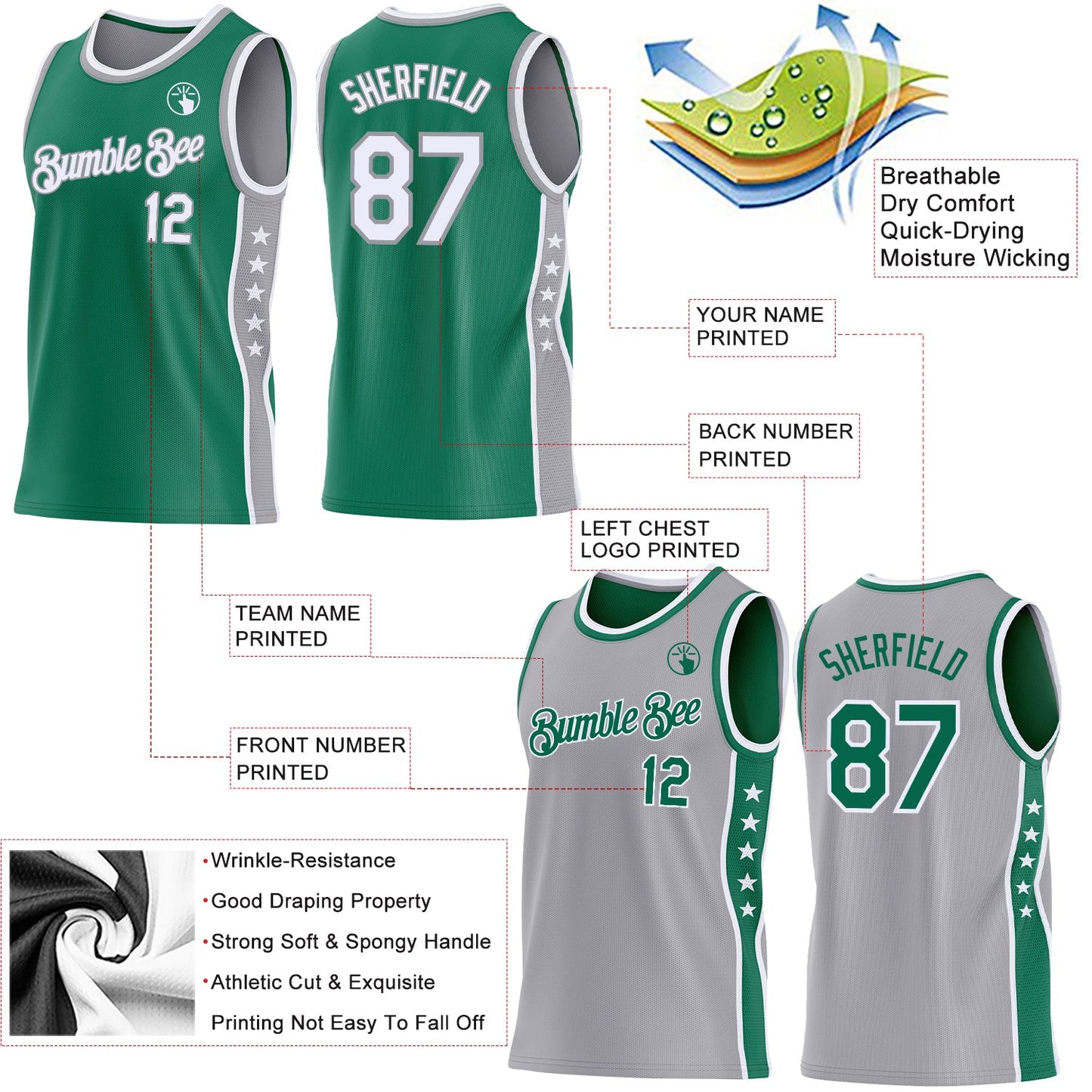 Custom Reversible Kelly Green White-Gray Double Side Star Sublimation Basketball Set Jersey