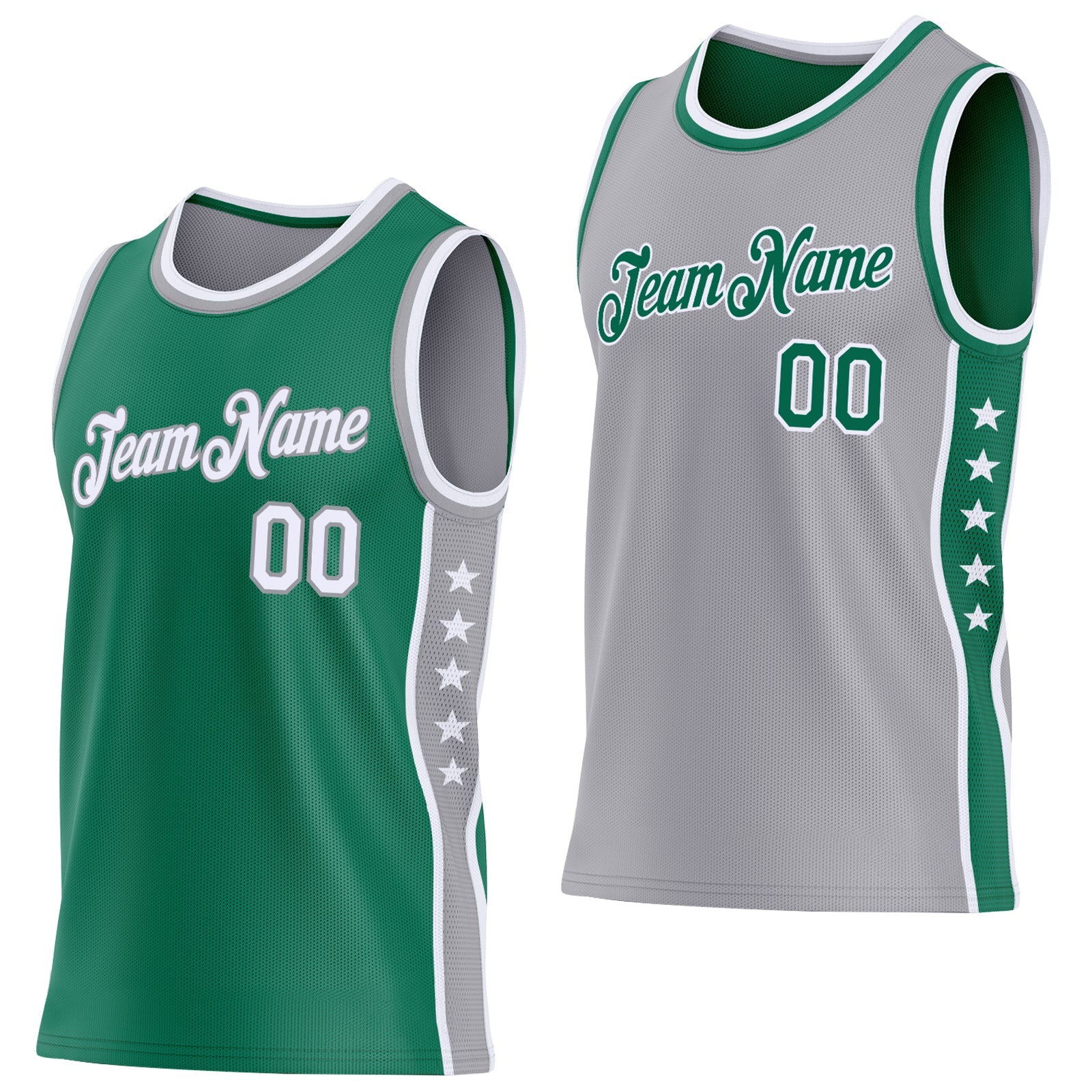 Custom Reversible Kelly Green White-Gray Double Side Star Sublimation Basketball Set Jersey