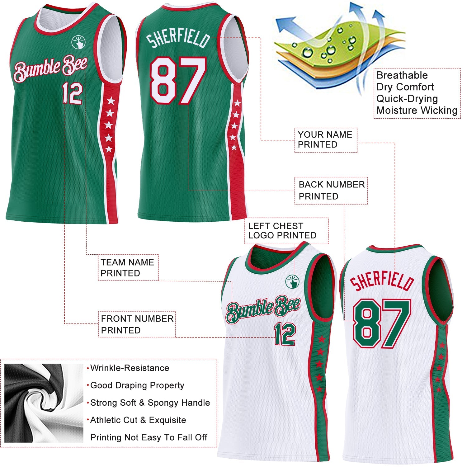 Custom Reversible Kelly Green White-Red Double Side Star Sublimation Basketball Set Jersey