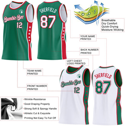 Custom Reversible Kelly Green White-Red Double Side Star Sublimation Basketball Set Jersey