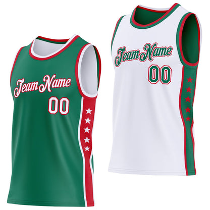Custom Reversible Kelly Green White-Red Double Side Star Sublimation Basketball Set Jersey