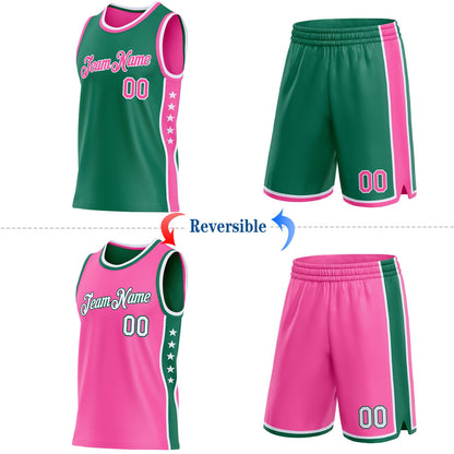 Custom Reversible Kelly Green Pink-White Double Side Star Sublimation Basketball Set Jersey