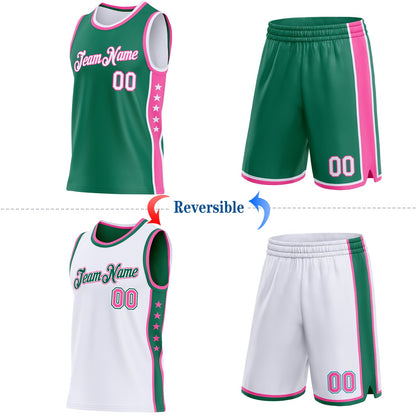 Custom Reversible Kelly Green White-Pink Double Side Star Sublimation Basketball Set Jersey