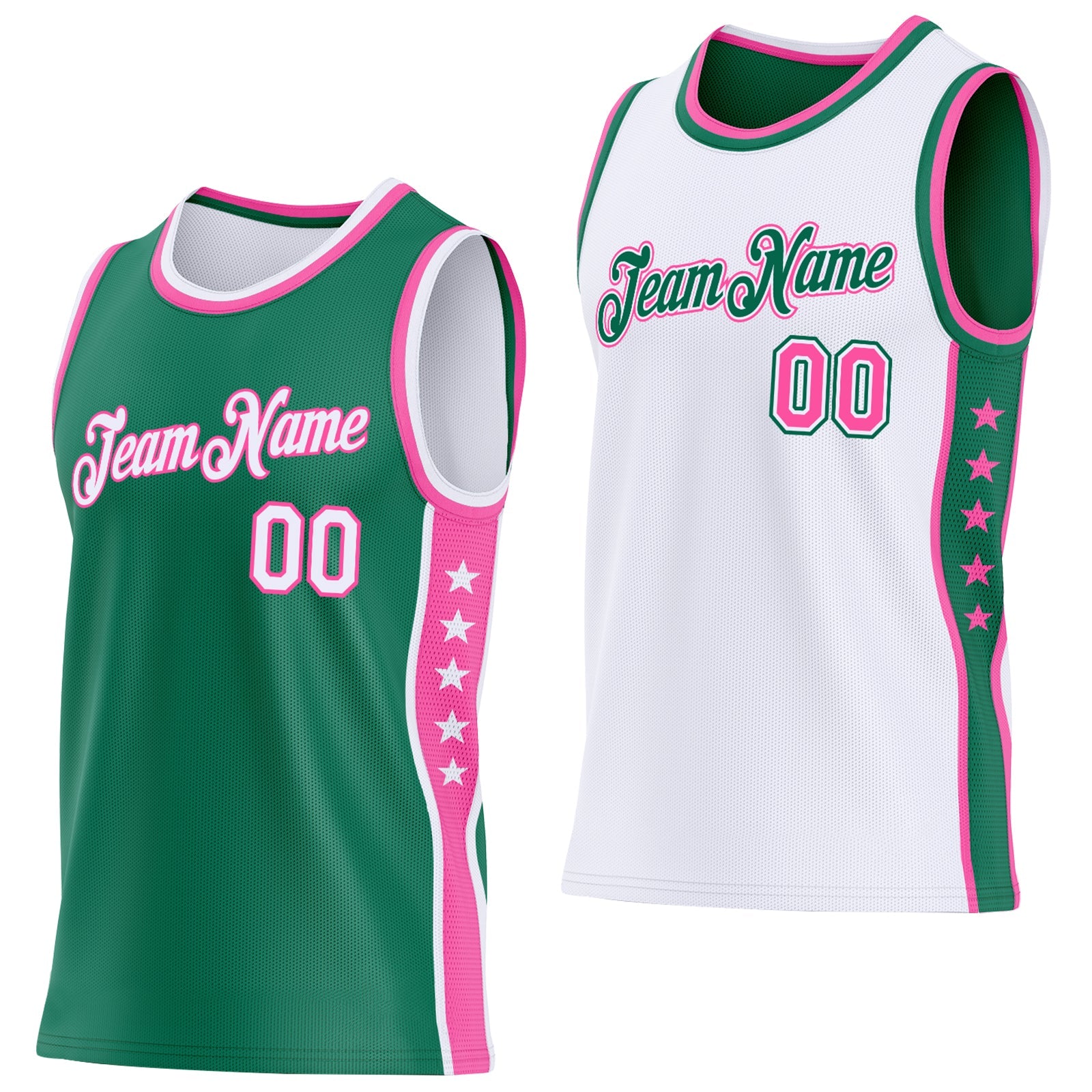 Custom Reversible Kelly Green White-Pink Double Side Star Sublimation Basketball Set Jersey