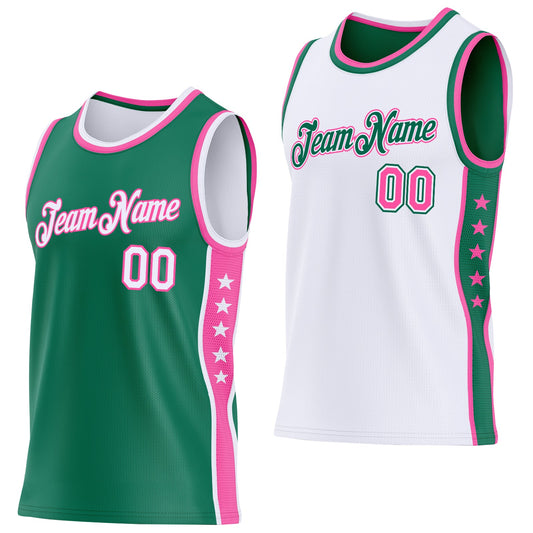 Custom Reversible Kelly Green White-Pink Double Side Star Sublimation Basketball Set Jersey
