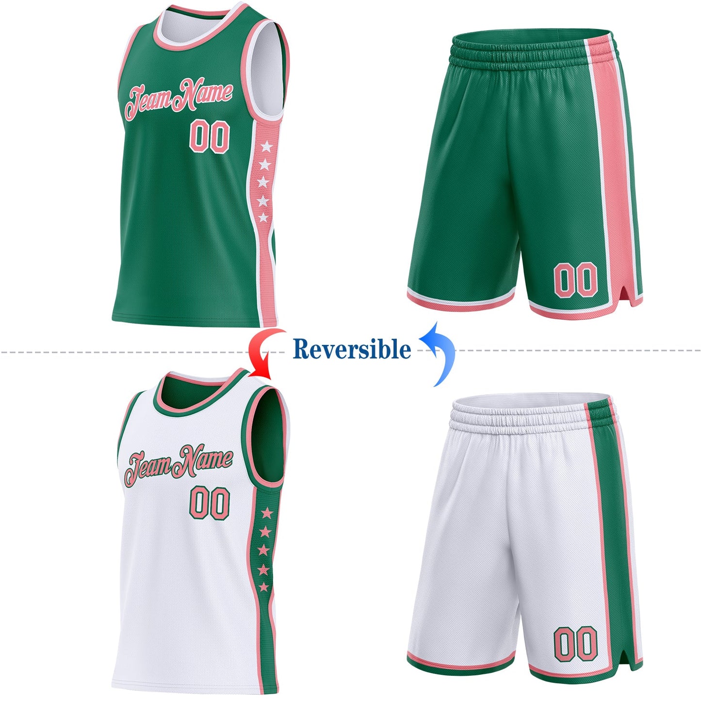 Custom Reversible Kelly Green Medium Pink-White Double Side Star Sublimation Basketball Set Jersey