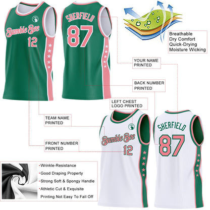 Custom Reversible Kelly Green Medium Pink-White Double Side Star Sublimation Basketball Set Jersey