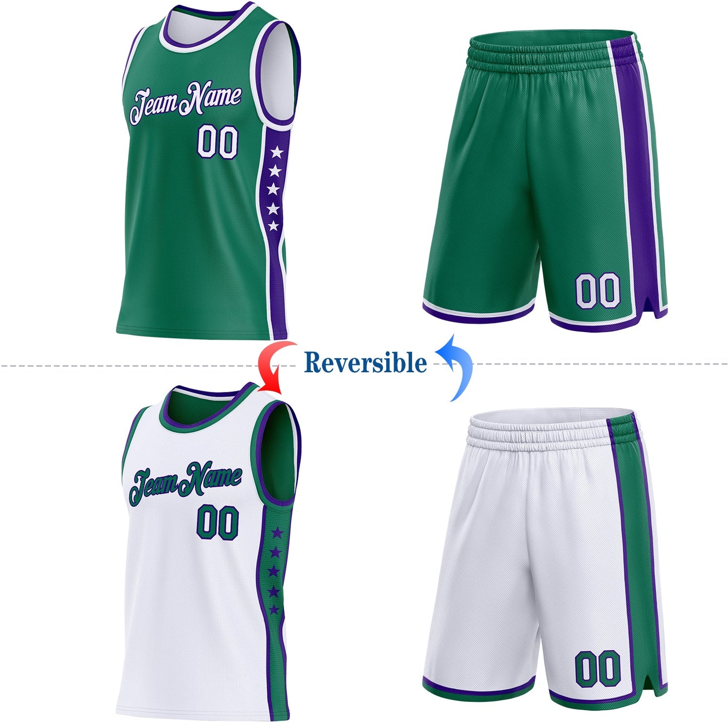 Custom Reversible Kelly Green White-Purple Double Side Star Sublimation Basketball Set Jersey