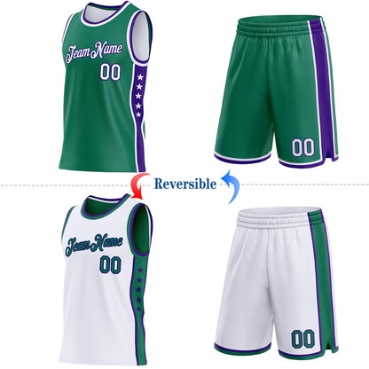 Custom Reversible Kelly Green White-Purple Double Side Star Sublimation Basketball Set Jersey