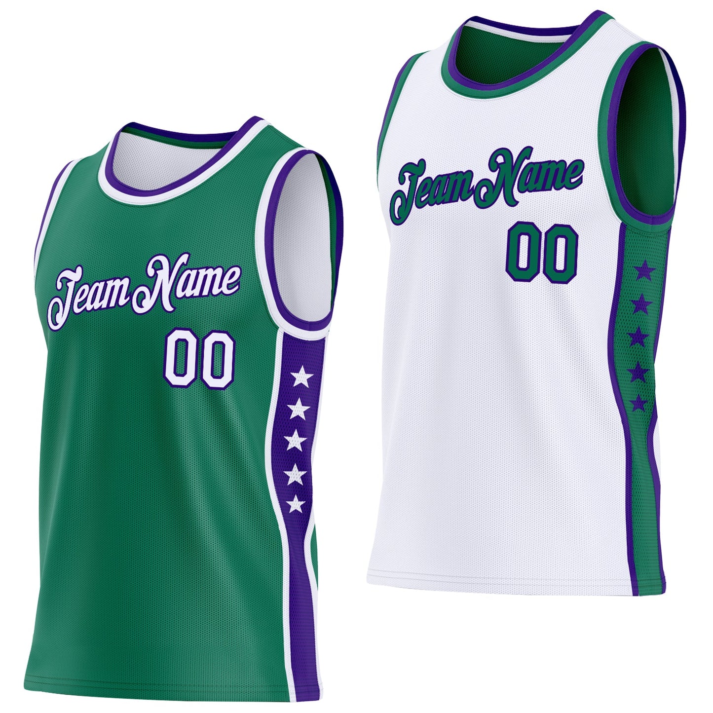 Custom Reversible Kelly Green White-Purple Double Side Star Sublimation Basketball Set Jersey