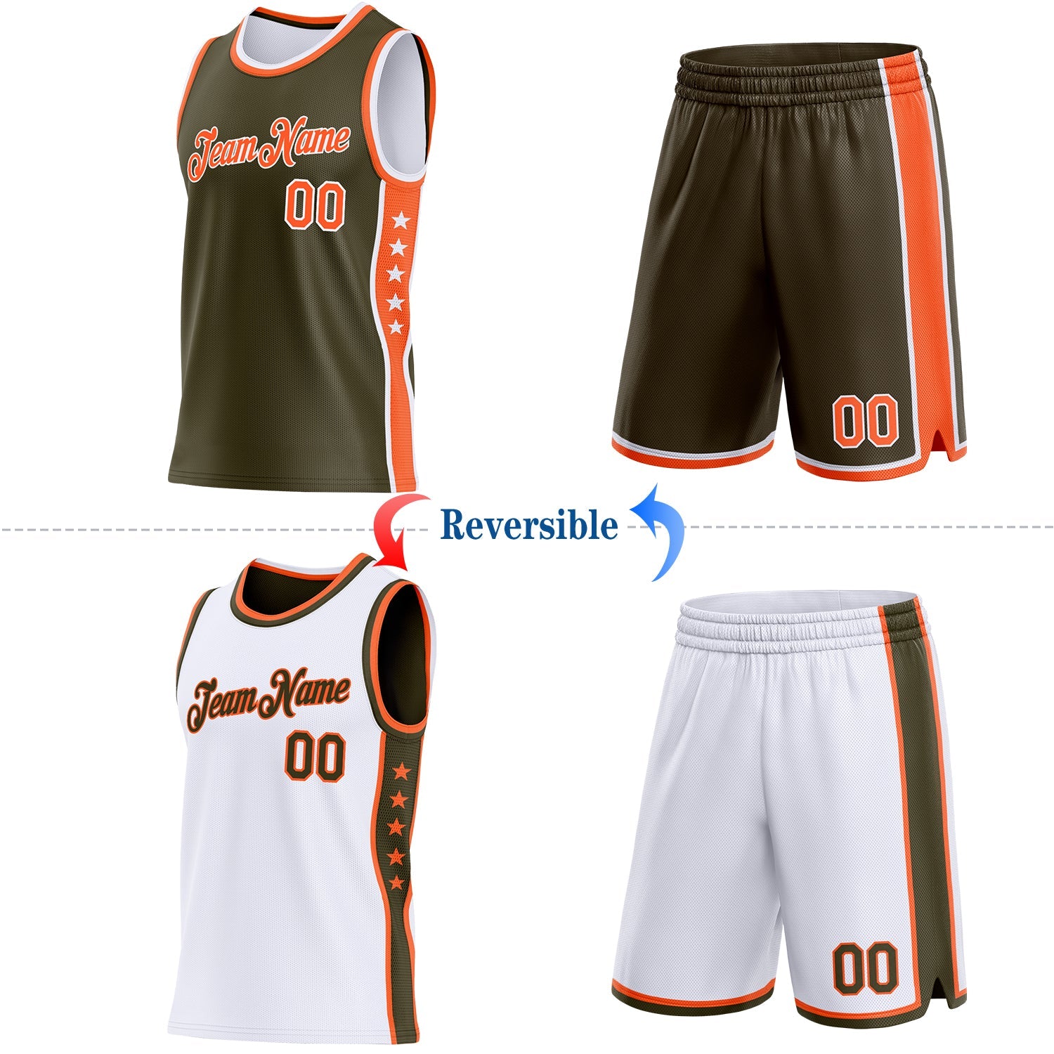 Custom Reversible Olive Orange-White Double Side Star Sublimation Basketball Set Jersey