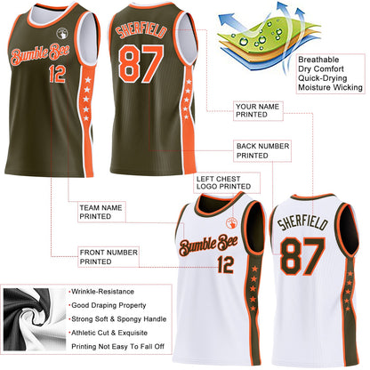 Custom Reversible Olive Orange-White Double Side Star Sublimation Basketball Set Jersey