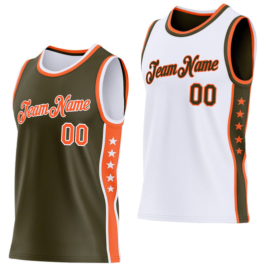 Custom Reversible Olive Orange-White Double Side Star Sublimation Basketball Set Jersey