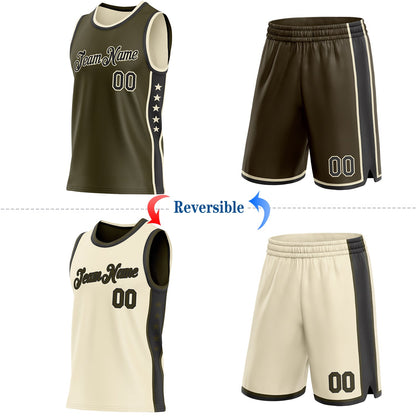 Custom Reversible Olive Black-Cream Double Side Star Sublimation Basketball Set Jersey