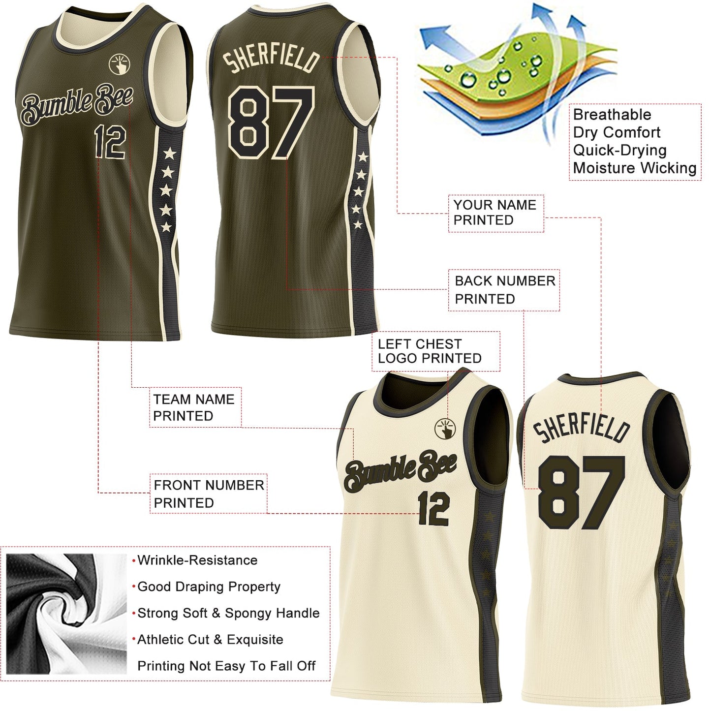 Custom Reversible Olive Black-Cream Double Side Star Sublimation Basketball Set Jersey