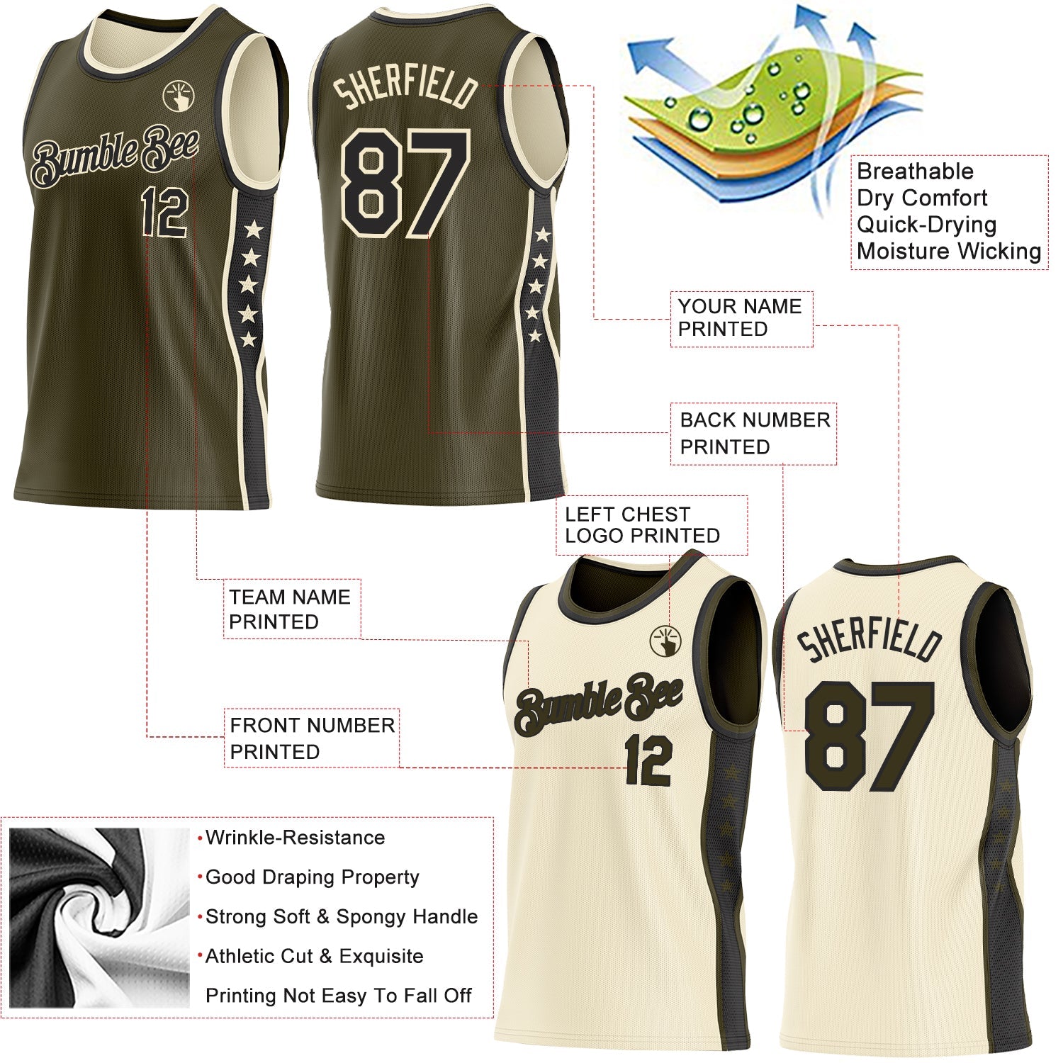 Custom Reversible Olive Black-Cream Double Side Star Sublimation Basketball Set Jersey