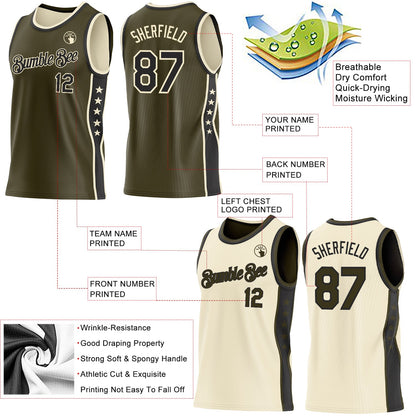 Custom Reversible Olive Black-Cream Double Side Star Sublimation Basketball Set Jersey