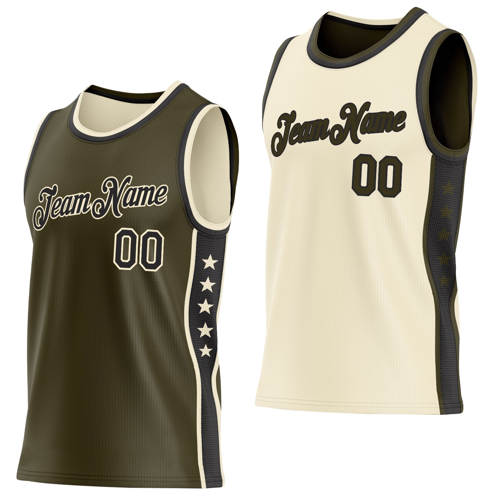 Custom Reversible Olive Black-Cream Double Side Star Sublimation Basketball Set Jersey