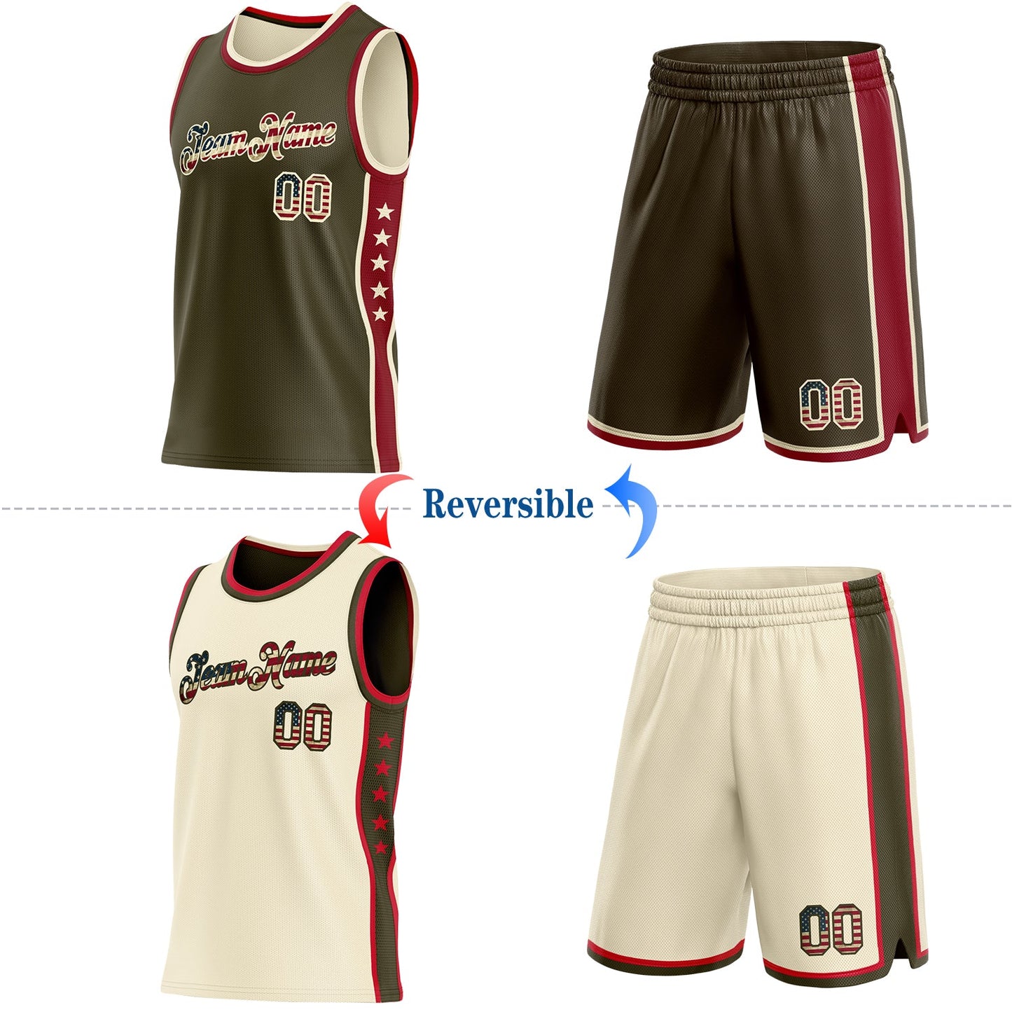 Custom Reversible Olive Vintage USA Flag-Cream Double Side Star Sublimation Basketball Set Jersey