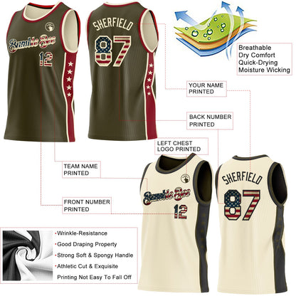 Custom Reversible Olive Vintage USA Flag-Cream Double Side Star Sublimation Basketball Set Jersey