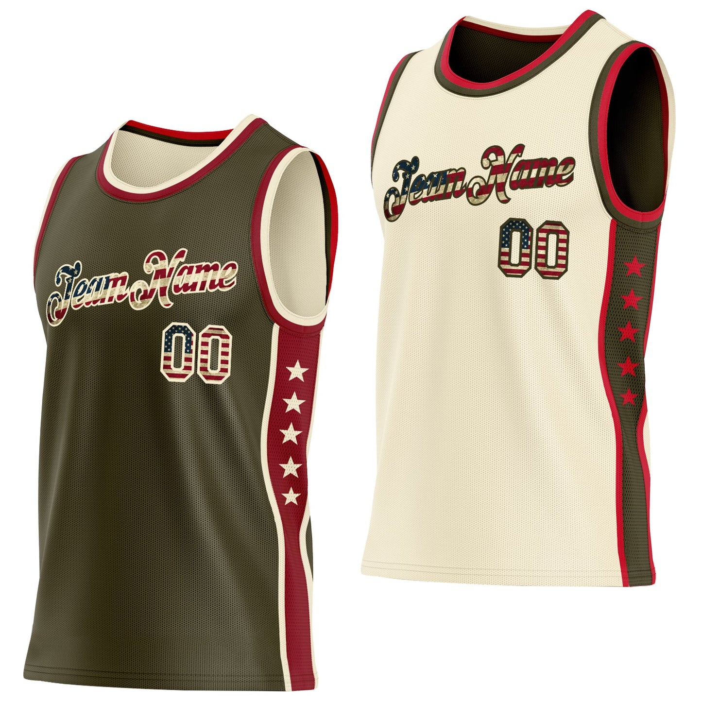 Custom Reversible Olive Vintage USA Flag-Cream Double Side Star Sublimation Basketball Set Jersey
