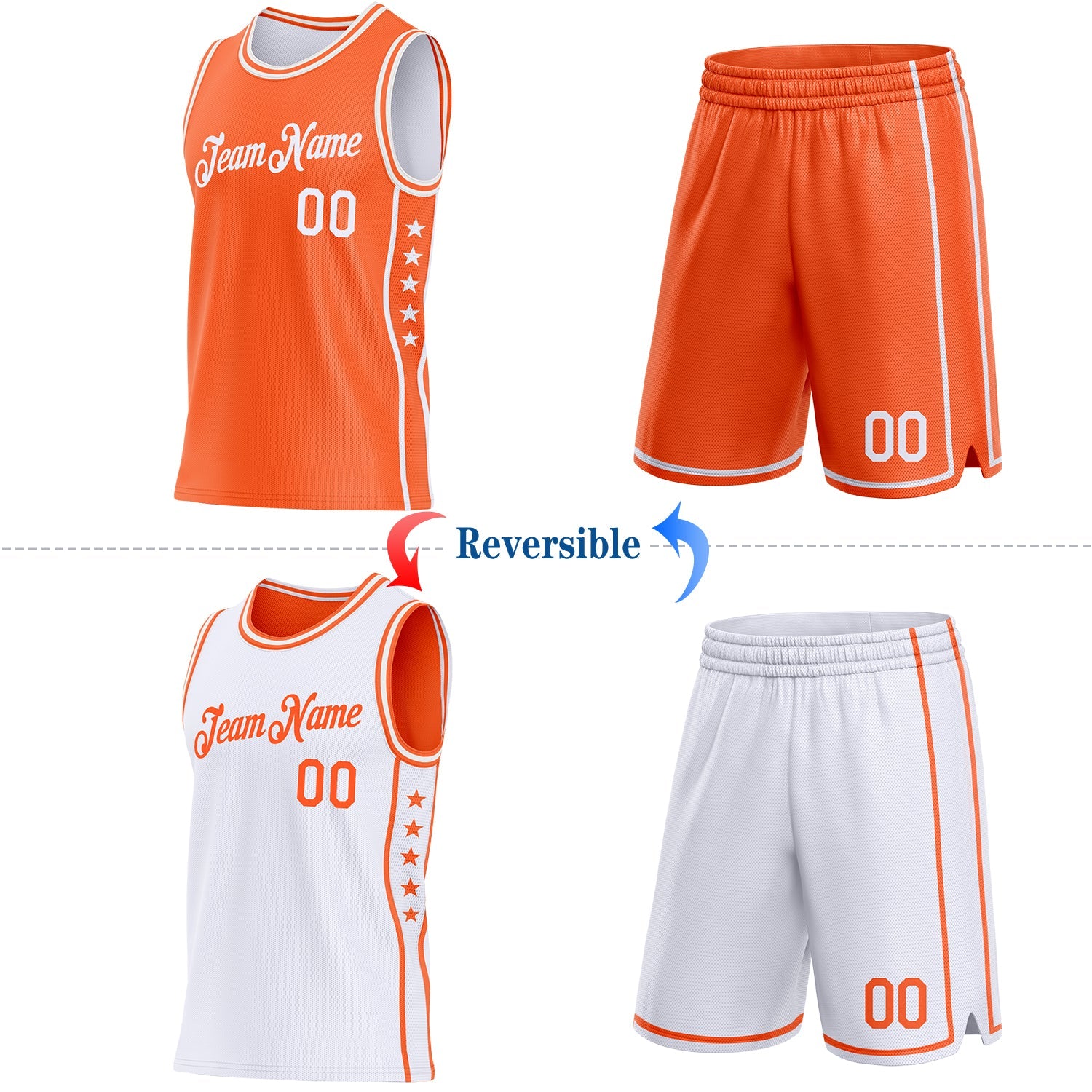 Custom Reversible Orange White Double Side Star Sublimation Basketball Set Jersey