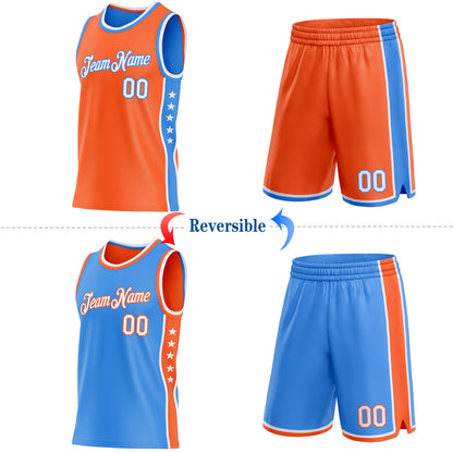 Custom Reversible Orange White-Powder Blue Double Side Star Sublimation Basketball Set Jersey
