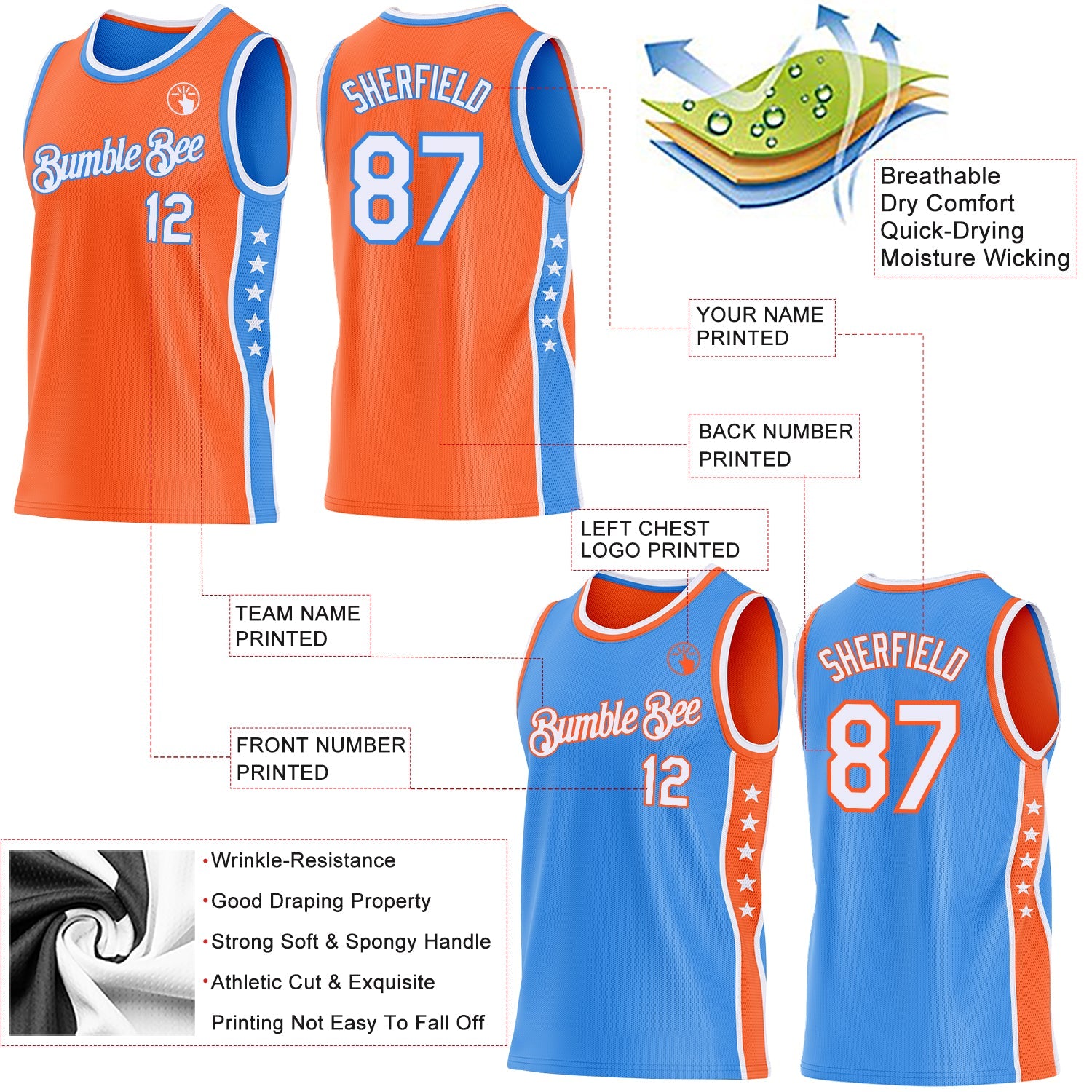 Custom Reversible Orange White-Powder Blue Double Side Star Sublimation Basketball Set Jersey