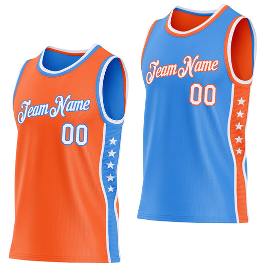 Custom Reversible Orange White-Powder Blue Double Side Star Sublimation Basketball Set Jersey