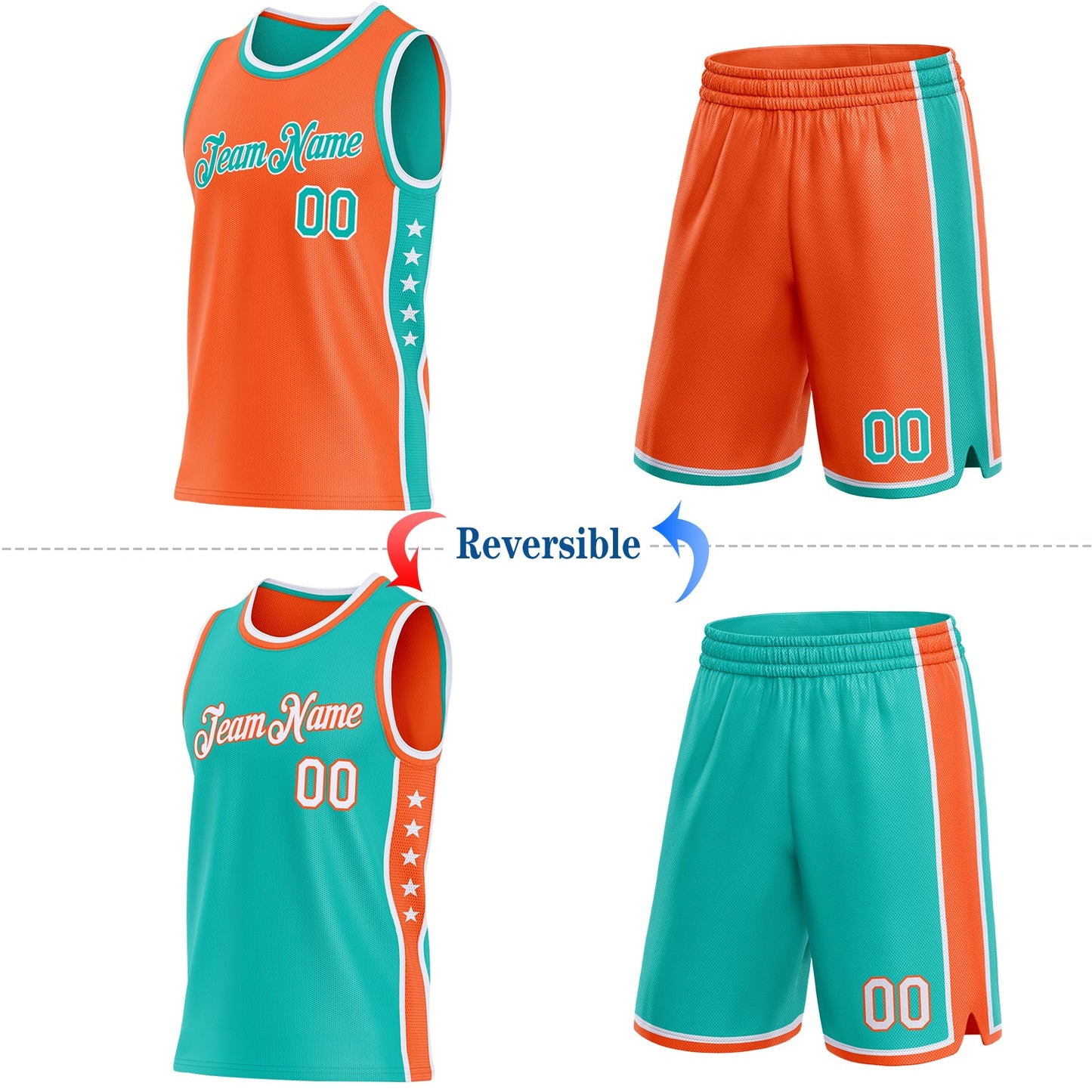 Custom Reversible Orange Aqua-White Double Side Star Sublimation Basketball Set Jersey