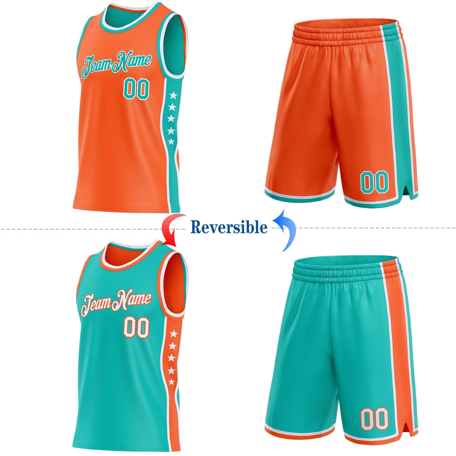 Custom Reversible Orange Aqua-White Double Side Star Sublimation Basketball Set Jersey
