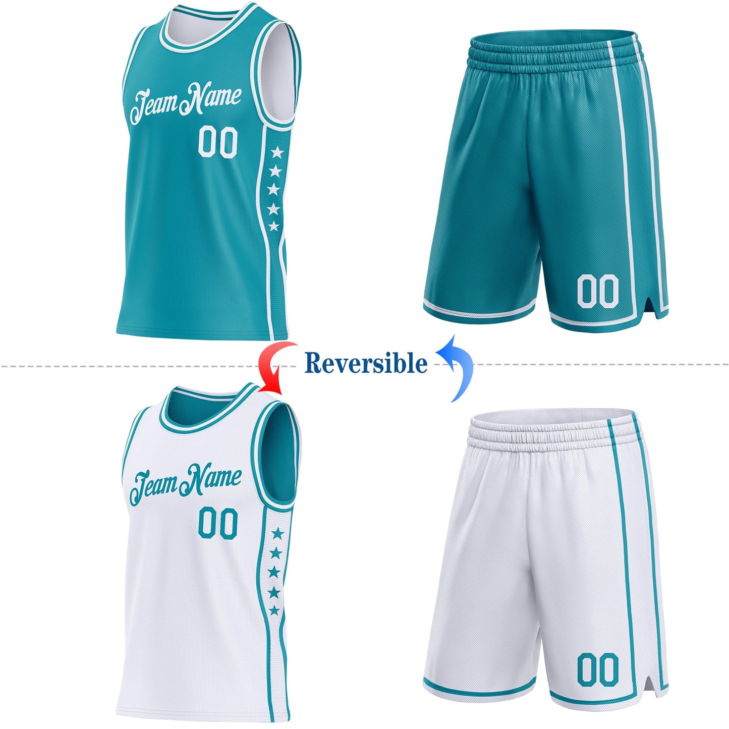 Custom Reversible Teal White Double Side Star Sublimation Basketball Set Jersey