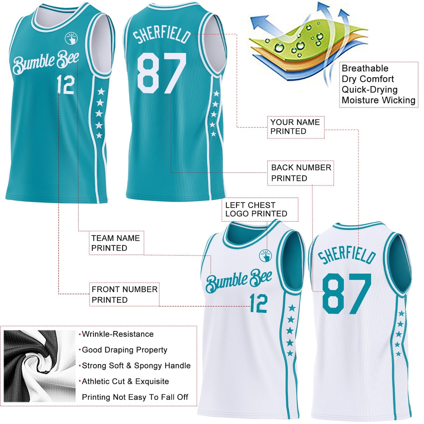 Custom Reversible Teal White Double Side Star Sublimation Basketball Set Jersey
