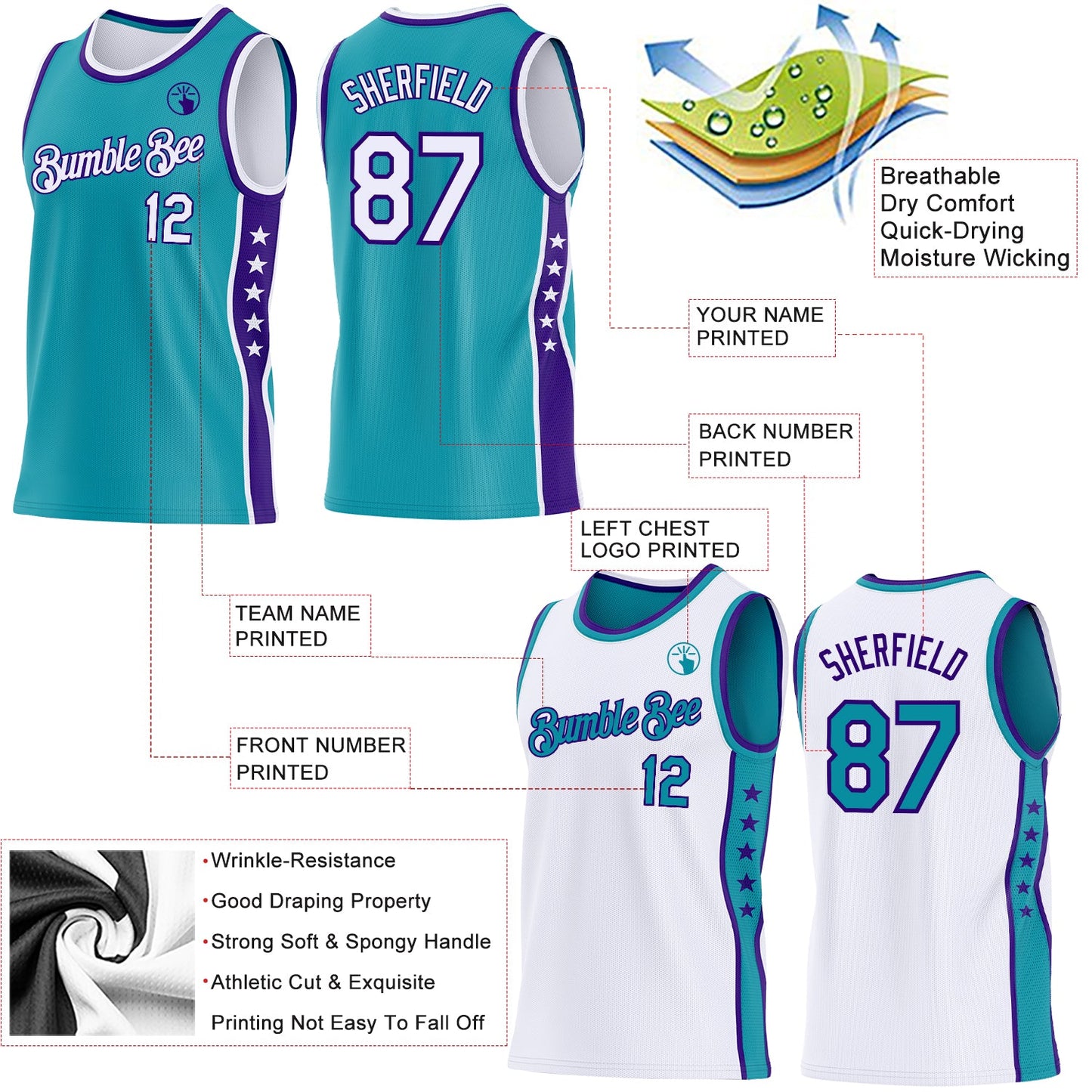 Custom Reversible Teal White-Purple Double Side Star Sublimation Basketball Set Jersey