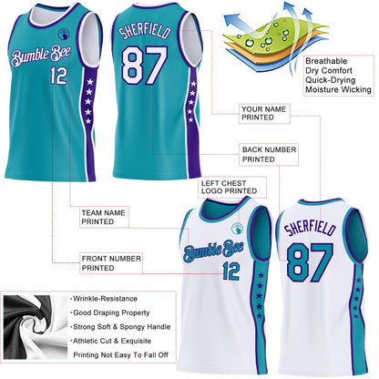 Custom Reversible Teal White-Purple Double Side Star Sublimation Basketball Set Jersey