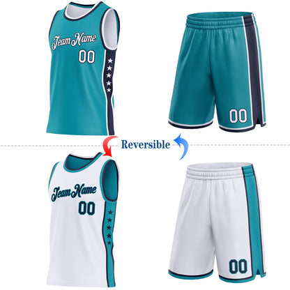 Custom Reversible Teal White-Navy Double Side Star Sublimation Basketball Set Jersey