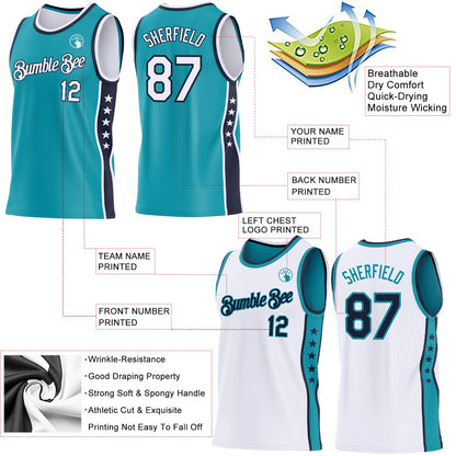 Custom Reversible Teal White-Navy Double Side Star Sublimation Basketball Set Jersey