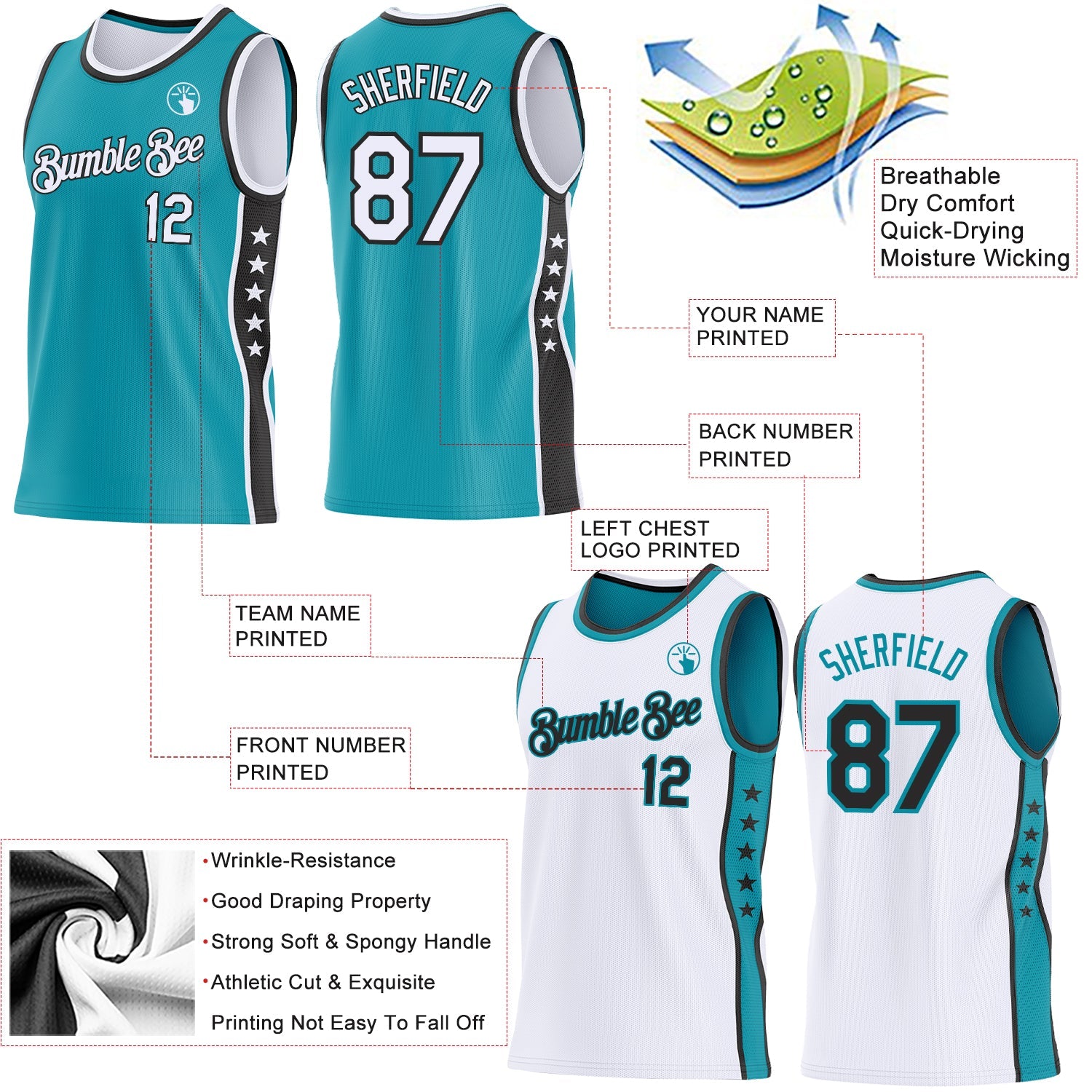 Custom Reversible Teal White-Black Double Side Star Sublimation Basketball Set Jersey