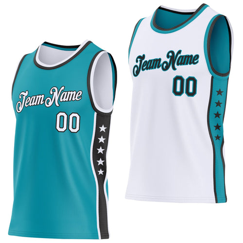 Custom Reversible Teal White-Black Double Side Star Sublimation Basketball Set Jersey