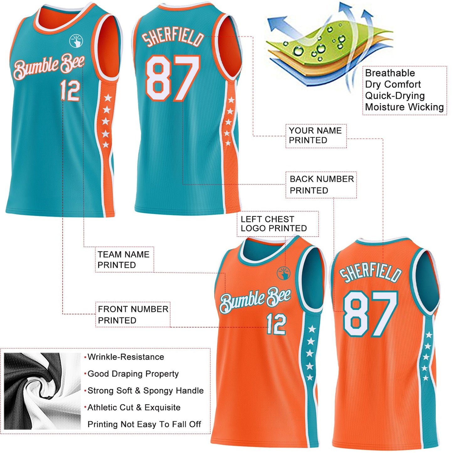 Custom Reversible Teal White-Orange Double Side Star Sublimation Basketball Set Jersey