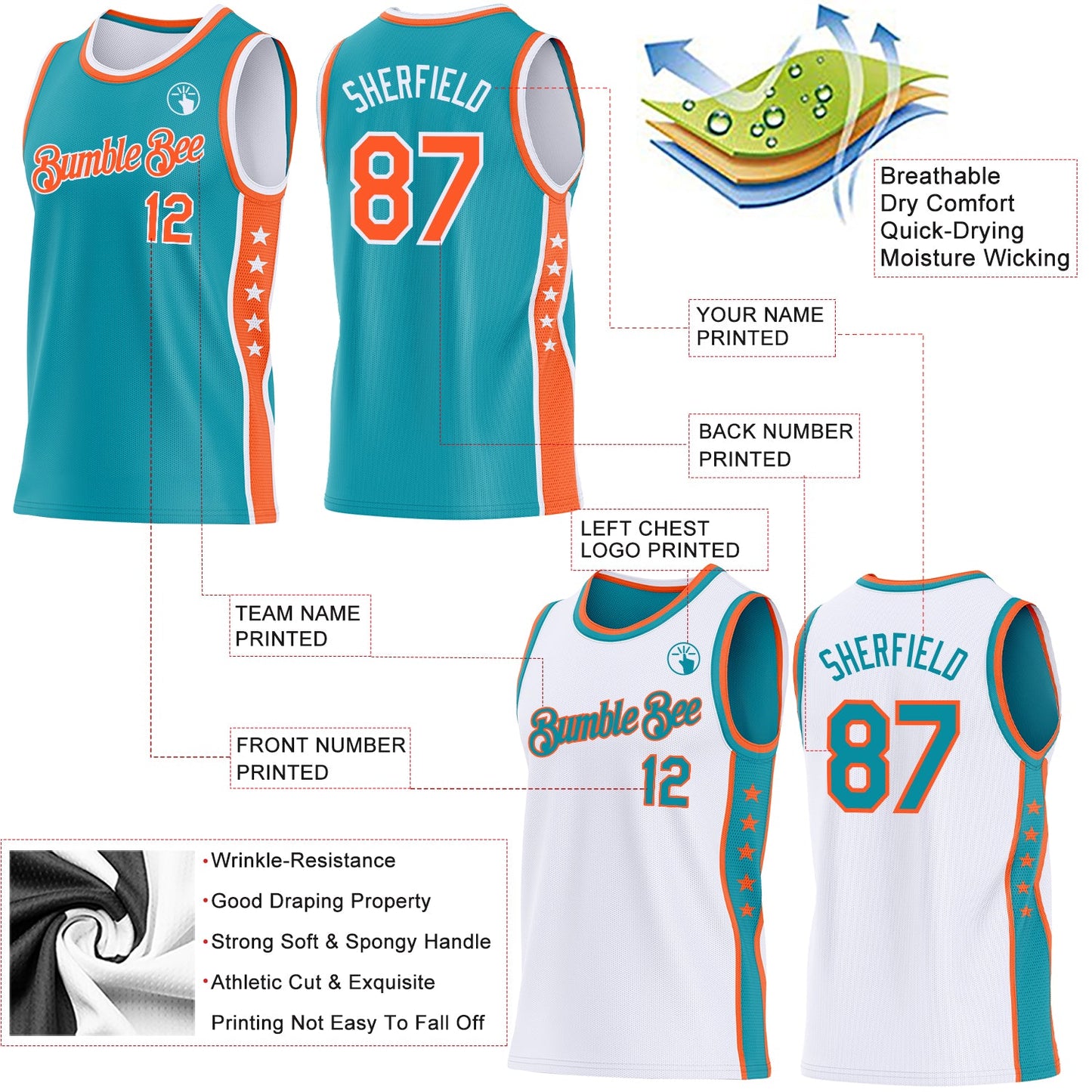 Custom Reversible Teal Orange-White Double Side Star Sublimation Basketball Set Jersey