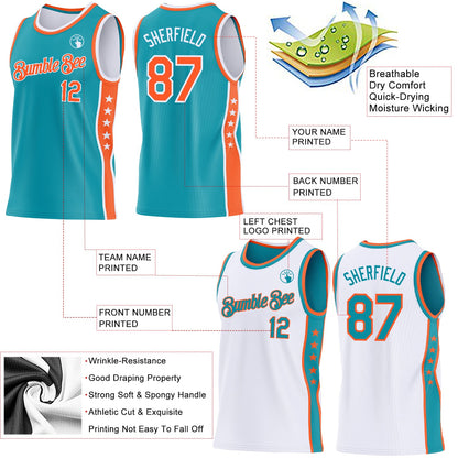 Custom Reversible Teal Orange-White Double Side Star Sublimation Basketball Set Jersey