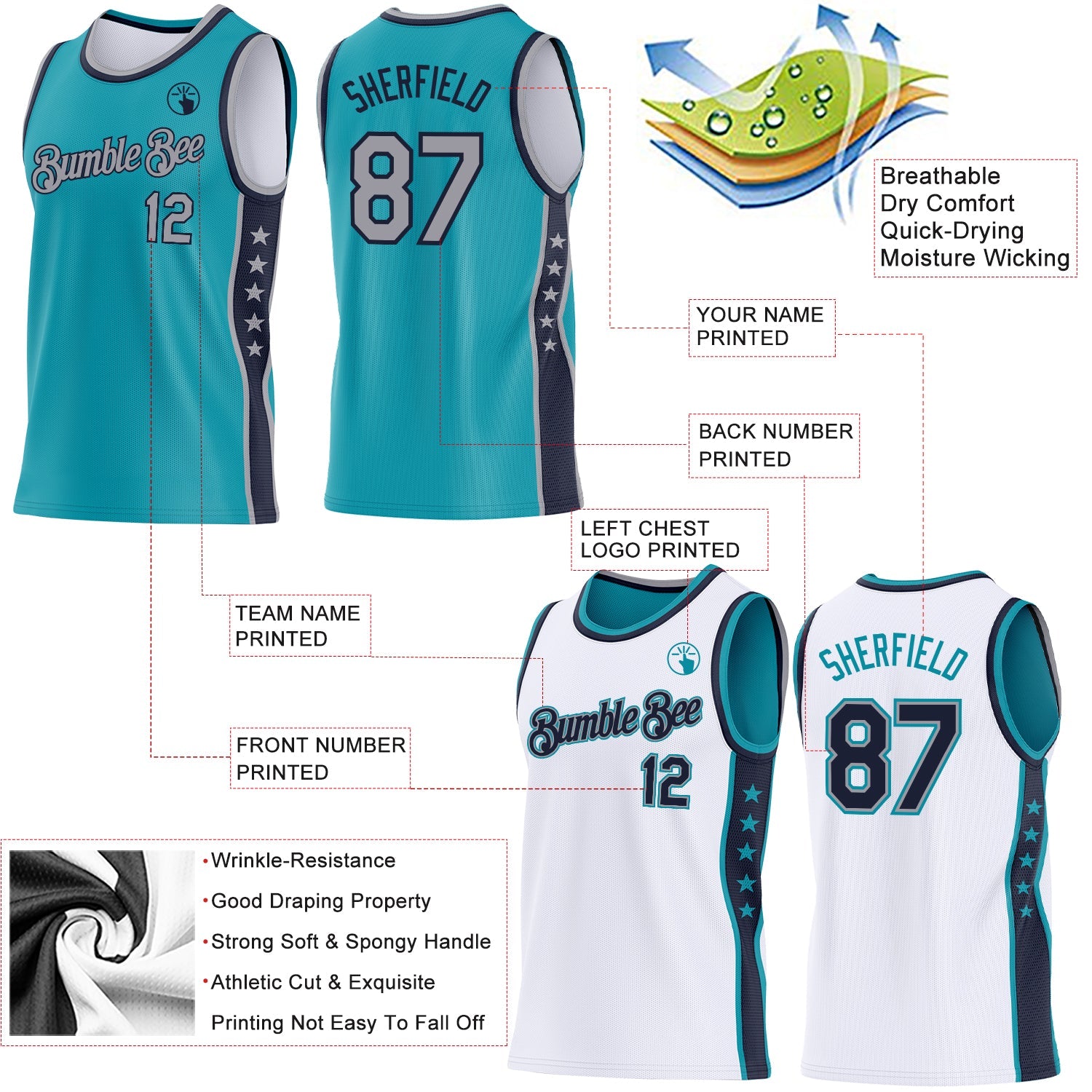 Custom Reversible Teal Gray-Navy Double Side Star Sublimation Basketball Set Jersey