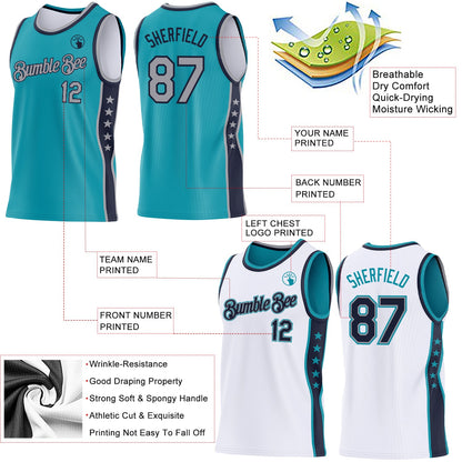 Custom Reversible Teal Gray-Navy Double Side Star Sublimation Basketball Set Jersey