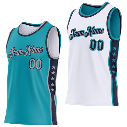 Custom Reversible Teal Gray-Navy Double Side Star Sublimation Basketball Set Jersey