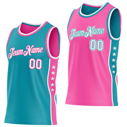 Custom Reversible Teal White-Pink Double Side Star Sublimation Basketball Set Jersey