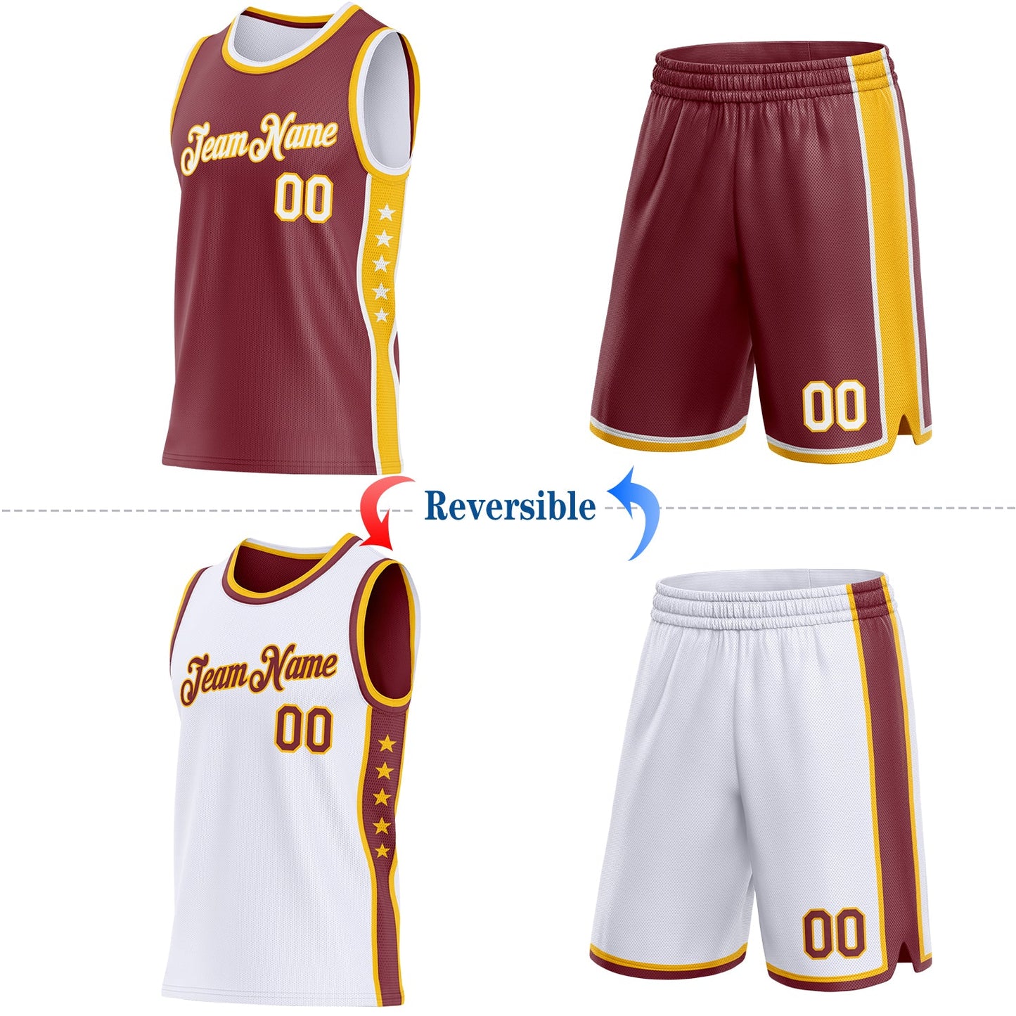 Custom Reversible Burgundy White-Gold Double Side Star Sublimation Basketball Set Jersey