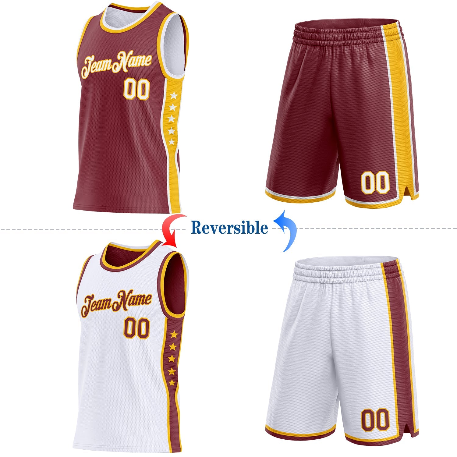 Custom Reversible Burgundy White-Gold Double Side Star Sublimation Basketball Set Jersey