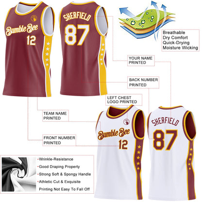 Custom Reversible Burgundy White-Gold Double Side Star Sublimation Basketball Set Jersey